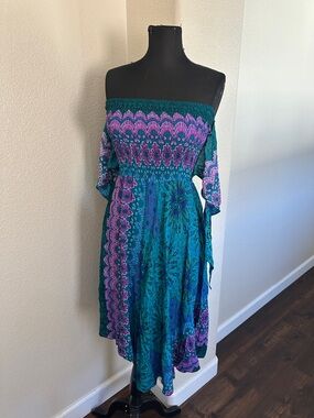 Off-Shoulder Teal and Purple Boho Midi Dress